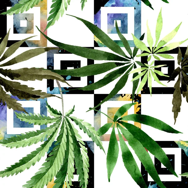 Cannabis green leaves. Watercolor background illustration set. Seamless background pattern. — ストック写真