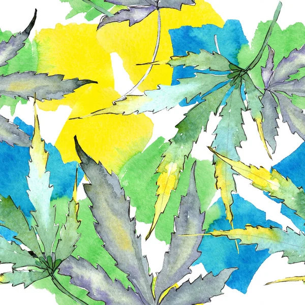 Foglie verdi di cannabis. Acquerello sfondo illustrazione set. Modello di sfondo senza soluzione di continuità . — Foto Stock