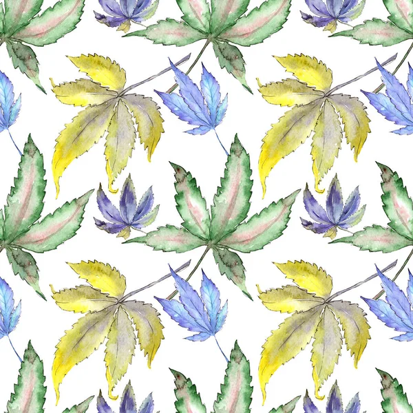 Cannabis green leaves. Watercolor background illustration set. Seamless background pattern. — ストック写真