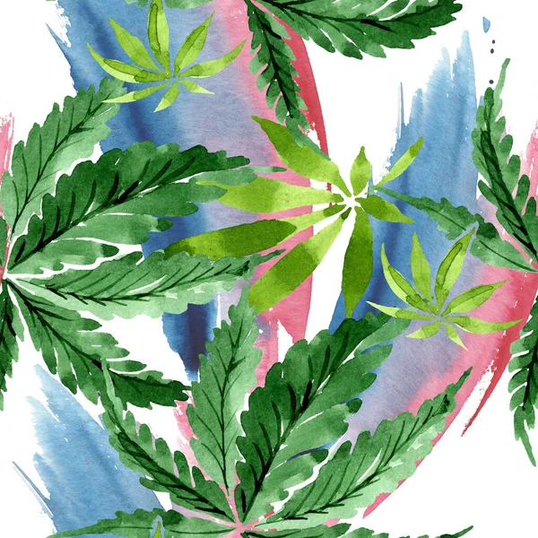 Cannabis green leaves. Watercolor background illustration set. Seamless background pattern. — ストック写真