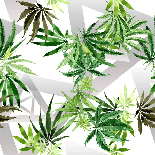 Cannabis green leaves. Watercolor background illustration set. Seamless background pattern. — ストック写真