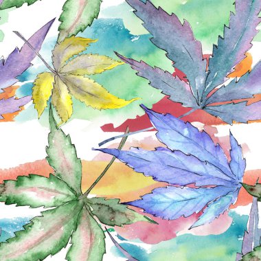 Kenevir yeşili yapraklar. Suluboya arkaplan çizimi. Kusursuz arkaplan deseni.