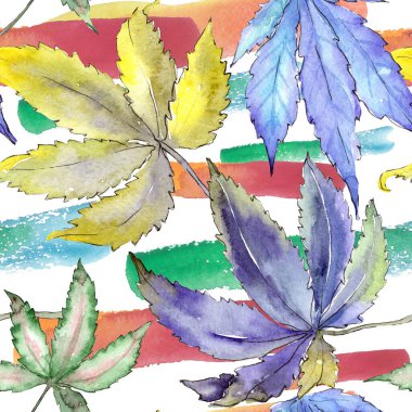 Kenevir yeşili yapraklar. Suluboya arkaplan çizimi. Kusursuz arkaplan deseni.