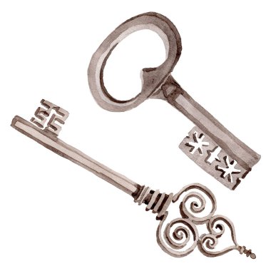 Yalıtılmış eski anahtar illüstrasyon öğesi. Suluboya arka plan illüstrasyon seti. Yalıtılmış anahtarlar illüstrasyon öğesi.