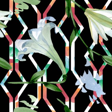 Beyaz zambak çiçek botanik çiçekler. Suluboya arka plan illüstrasyon seti. Kesintisiz arka plan deseni.