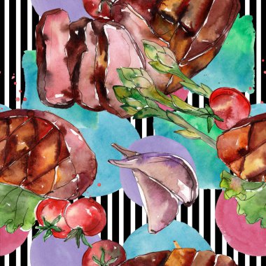 Izgara biftek lezzetli yemek. Suluboya arka plan illüstrasyon seti. Kesintisiz arka plan deseni.