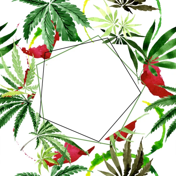 Foglie verdi di cannabis. Acquerello sfondo illustrazione set. Quadrato ornamento bordo cornice . — Foto Stock