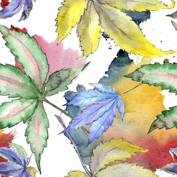 Folhas verdes de canábis. Conjunto de ilustração de fundo aquarela. Padrão de fundo sem costura . — Fotografia de Stock