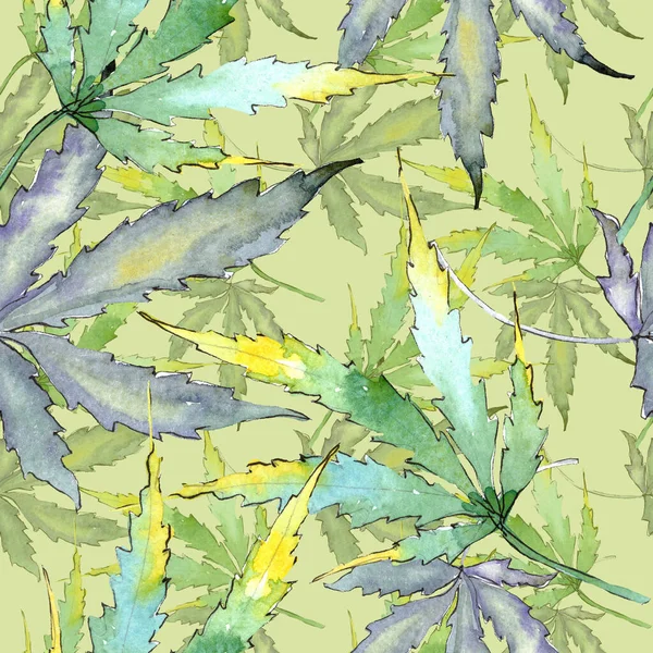 Foglie verdi di cannabis. Acquerello sfondo illustrazione set. Modello di sfondo senza soluzione di continuità . — Foto Stock