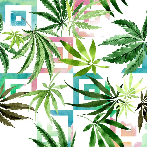 Hojas verdes de cannabis. Conjunto de ilustración de fondo acuarela. Patrón de fondo sin costuras . — Foto de Stock