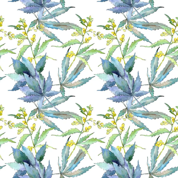 Cannabis green leaves. Watercolor background illustration set. Seamless background pattern. — ストック写真