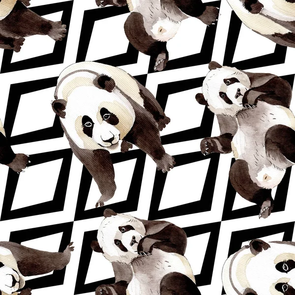 Exotische panda wild dier geïsoleerd. Aquarel achtergrond illustratie set. Naadloze achtergrond patroon. — Stockfoto
