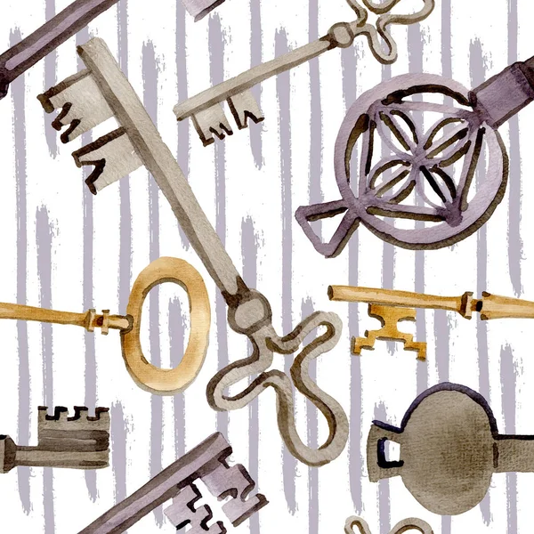 Isolated old key illustration element. Watercolor background illustration set. Seamless background pattern. — ストック写真