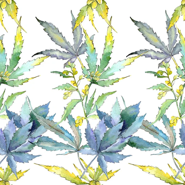 Hojas verdes de cannabis. Conjunto de ilustración de fondo acuarela. Patrón de fondo sin costuras . — Foto de Stock