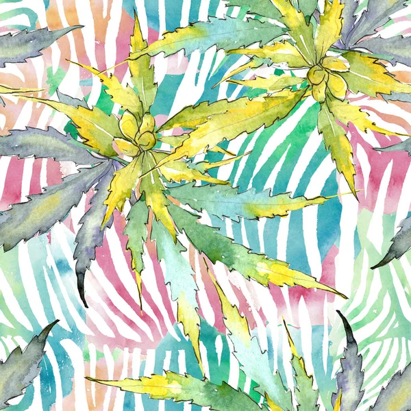 Hojas verdes de cannabis. Conjunto de ilustración de fondo acuarela. Patrón de fondo sin costuras . —  Fotos de Stock