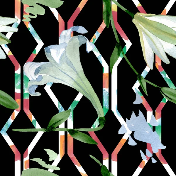 Beyaz zambak çiçek botanik çiçekler. Suluboya arka plan illüstrasyon seti. Kesintisiz arka plan deseni.