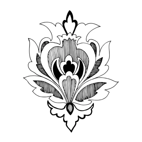 Adorno oriental floral vectorial. Tinta grabada en blanco y negro. Elemento ilustrativo de ornamentos aislados . — Vector de stock