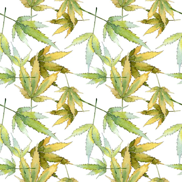 Hojas verdes de cannabis. Conjunto de ilustración de fondo acuarela. Patrón de fondo sin costuras . — Foto de Stock