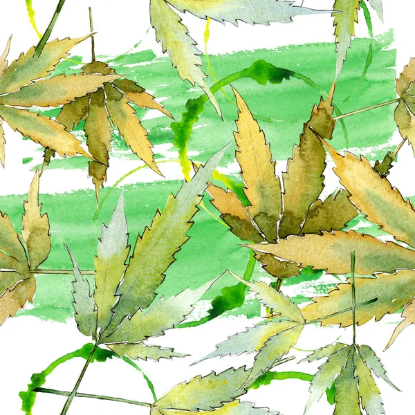 Cannabis groene bladeren. Aquarel achtergrond illustratie set. Naadloze achtergrond patroon. — Stockfoto