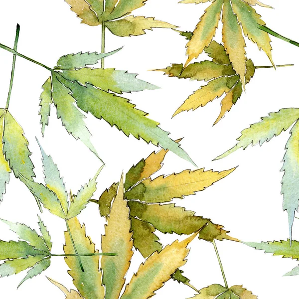 대마초 잎 이 녹색이다. 수채 색 배경 삽화 세트. 바다없는 배경 패턴. — 스톡 사진
