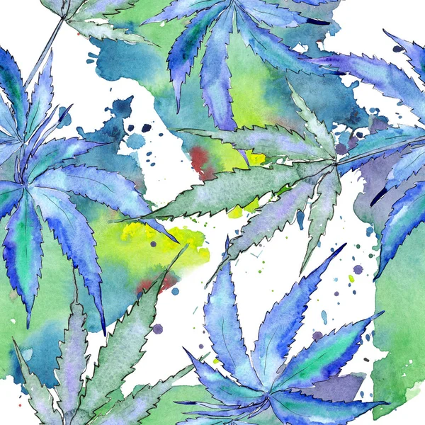 Kenevir yeşili yapraklar. Suluboya arkaplan çizimi. Kusursuz arkaplan deseni. — Stok fotoğraf