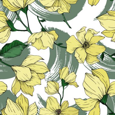 Vektör Magnolia çiçek botanik çiçekleri. Siyah beyaz işlemeli mürekkep sanatı. Kusursuz arkaplan deseni.