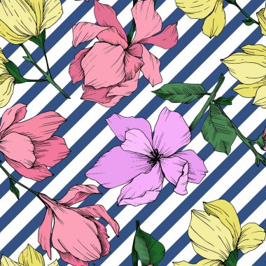 Vektör Magnolia çiçek botanik çiçekleri. Siyah beyaz işlemeli mürekkep sanatı. Kusursuz arkaplan deseni.
