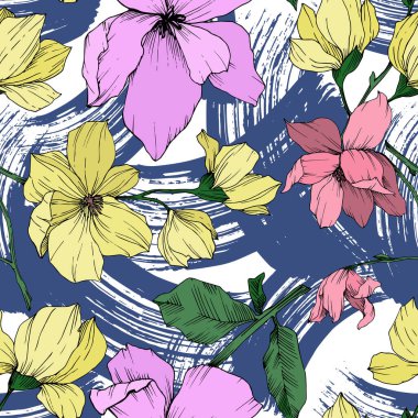 Vektör Magnolia çiçek botanik çiçekleri. Siyah beyaz işlemeli mürekkep sanatı. Kusursuz arkaplan deseni.