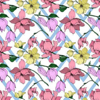 Vektör Magnolia çiçek botanik çiçekleri. Siyah beyaz işlemeli mürekkep sanatı. Kusursuz arkaplan deseni.