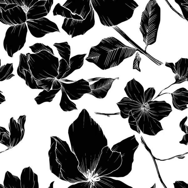 Vector Magnolia flores botánicas florales. Tinta grabada en blanco y negro. Patrón de fondo sin costuras . — Vector de stock