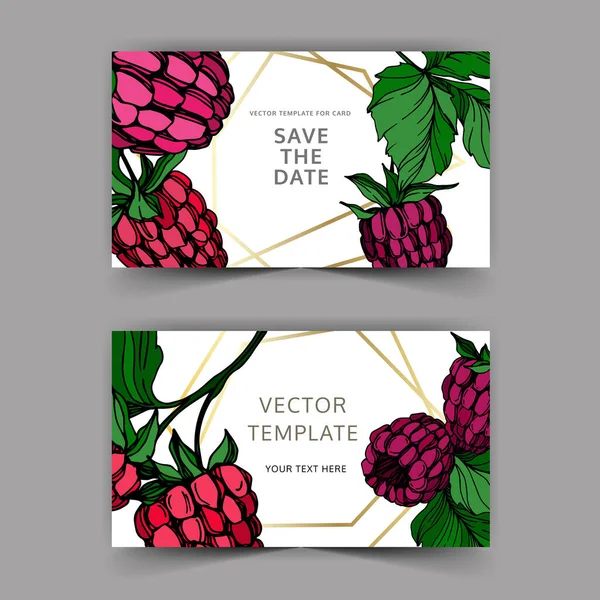 Vector Raspberry alimentos saludables aislados. Tinta grabada en blanco y negro. Boda tarjeta de fondo borde decorativo . — Vector de stock