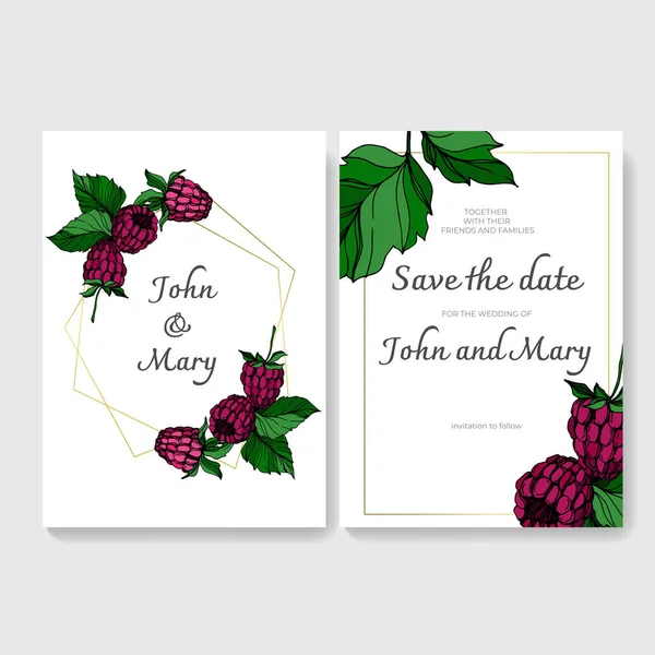 Vector Raspberry alimentos saludables aislados. Tinta grabada en blanco y negro. Boda tarjeta de fondo borde decorativo . — Vector de stock