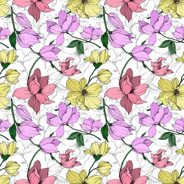 Vector Magnolia floral botanical flowers. Black and white engraved ink art. Seamless background pattern. — ストックベクタ