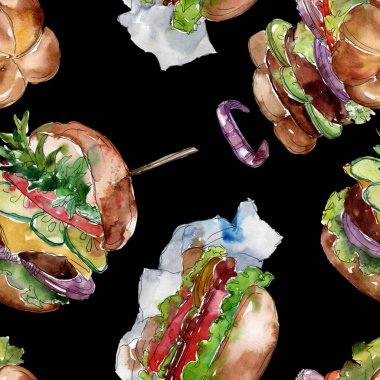 Hamburger fast food izole. Suluboya arka plan illüstrasyon seti. Dikişsiz arka zemin deseni.