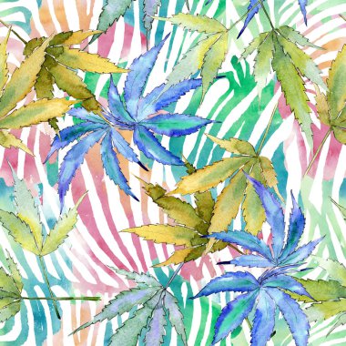 Kenevir yeşili yapraklar. Suluboya arkaplan çizimi. Kusursuz arkaplan deseni.