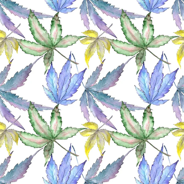 Zielone liście konopi. Zestaw ilustracji tła akwareli. Płynny wzór tła. — Zdjęcie stockowe