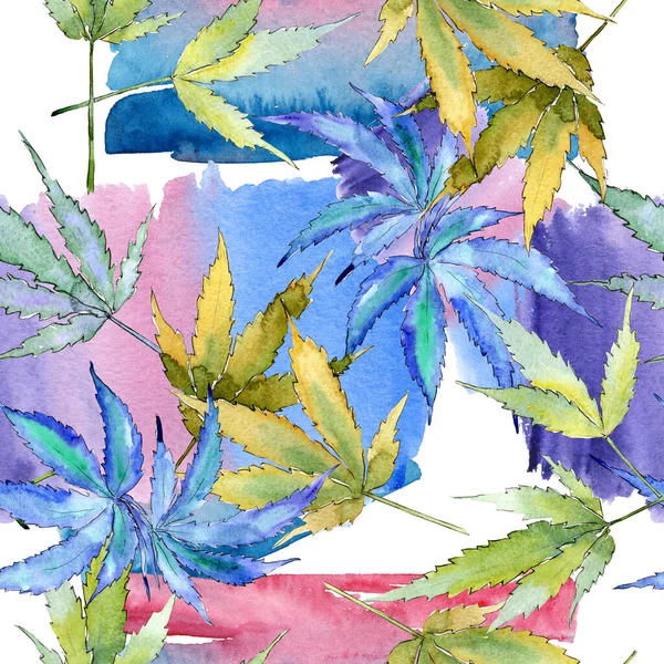 Foglie verdi di cannabis. Acquerello sfondo illustrazione set. Modello di sfondo senza soluzione di continuità . — Foto Stock