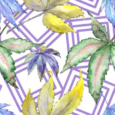 Kenevir yeşili yapraklar. Suluboya arkaplan çizimi. Kusursuz arkaplan deseni.