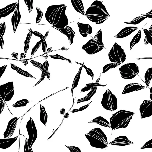 Vektor Eukalyptus opouští botanickou džungli. Černobílý rytý inkoust. Bezproblémové pozadí vzor. — Stockový vektor