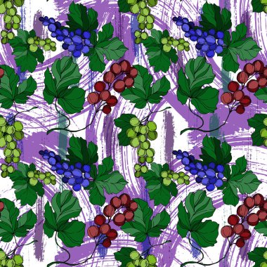 Vector Grape Berry sağlıklı yemek. Siyah beyaz işlemeli mürekkep sanatı. Kusursuz arkaplan deseni.