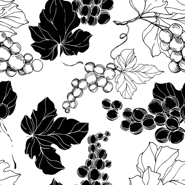 Векторное здоровое питание из ягод винограда. Черно-белый рисунок чернил. Бесшовный рисунок фона . — стоковый вектор