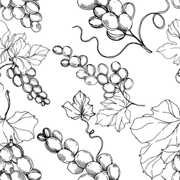 Comida saludable de uva y bayas. Tinta grabada en blanco y negro. Patrón de fondo sin costuras . — Vector de stock