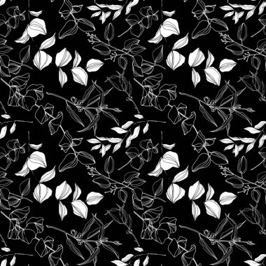 Vektör okaliptüs ağacı orman botaniğini terk eder. Siyah beyaz işlemeli mürekkep sanatı. Kusursuz arkaplan deseni.