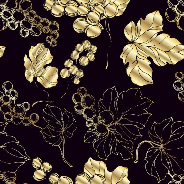 Vector Grape Berry sağlıklı yemek. Siyah beyaz işlemeli mürekkep sanatı. Kusursuz arkaplan deseni.