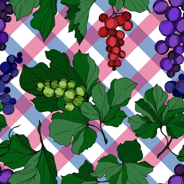 Vector Druivenbes gezond voedsel. Zwart-wit gegraveerde inktkunst. Naadloze achtergrond patroon. — Stockvector