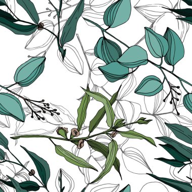 Vektör okaliptüs ağacı orman botaniğini terk eder. Siyah beyaz işlemeli mürekkep sanatı. Kusursuz arkaplan deseni.