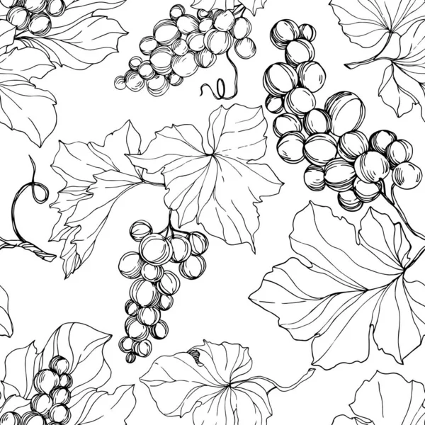 Векторное здоровое питание из ягод винограда. Черно-белый рисунок чернил. Бесшовный рисунок фона . — стоковый вектор