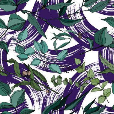 Vektör okaliptüs ağacı orman botaniğini terk eder. Siyah beyaz işlemeli mürekkep sanatı. Kusursuz arkaplan deseni.