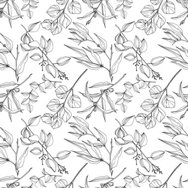 Vektör okaliptüs ağacı orman botaniğini terk eder. Siyah beyaz işlemeli mürekkep sanatı. Kusursuz arkaplan deseni.