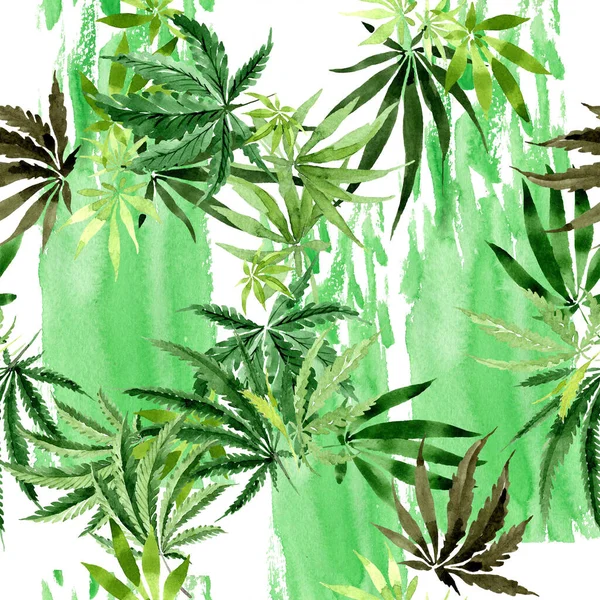 Hojas verdes de cannabis. Conjunto de ilustración de fondo acuarela. Patrón de fondo sin costuras . —  Fotos de Stock